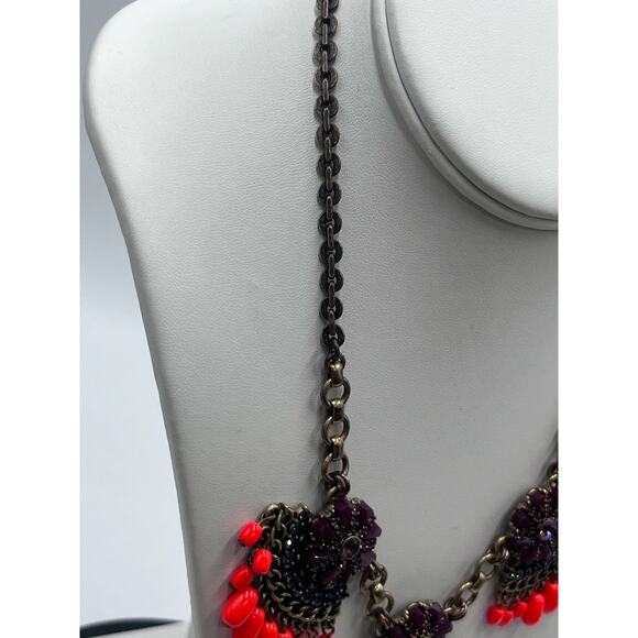 J. CREW Fan Fringe Flower Purple Orange Gold Tone Statement Bib Necklace - Picture 4 of 16